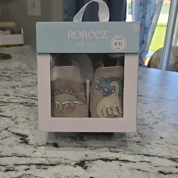 Robeez Beige and Blue Dinosaur Baby Shoes - Picture 1 of 7